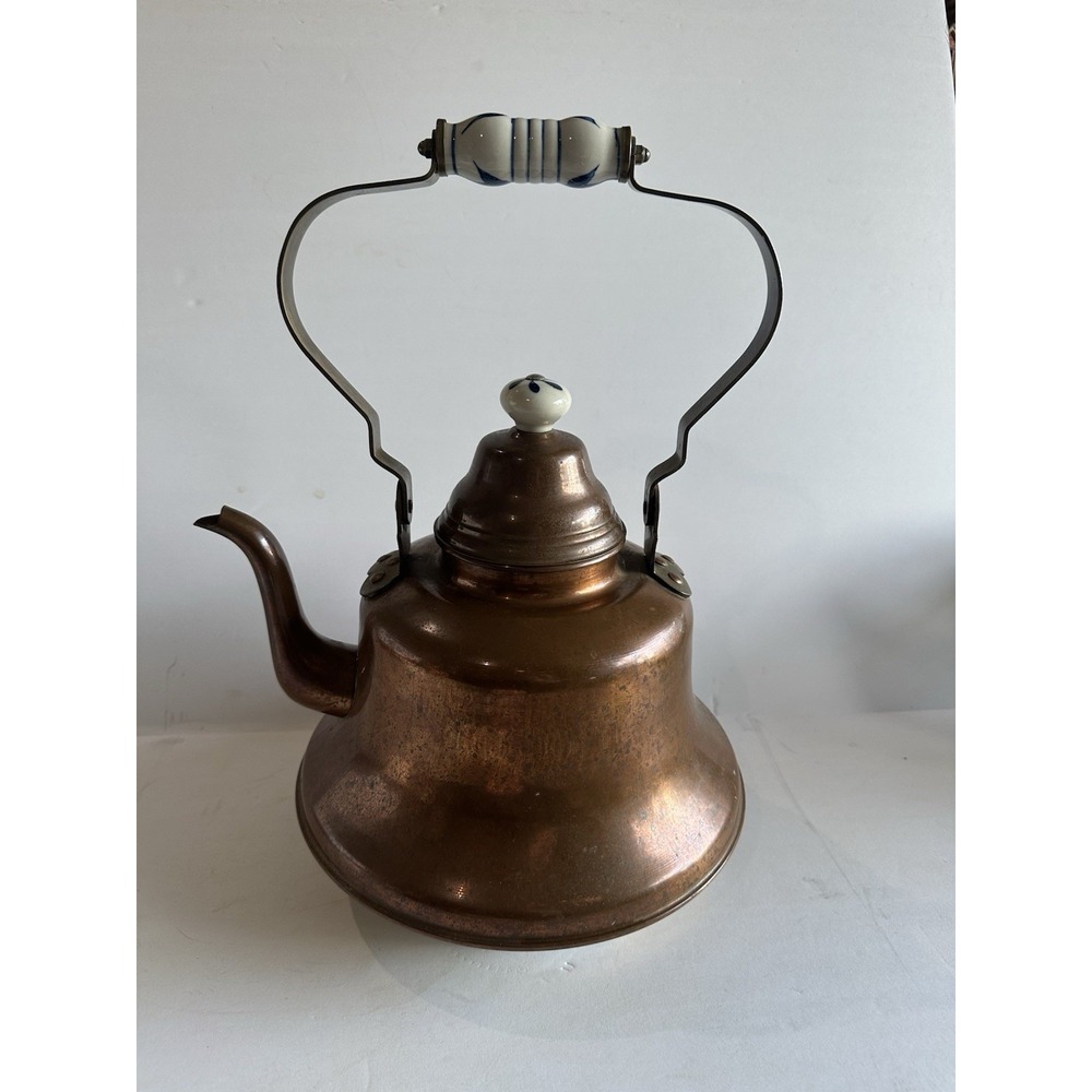 VTG X-Large‎ Copper Kettle Made in Portugal Metalutil Blue And White Handle 16"